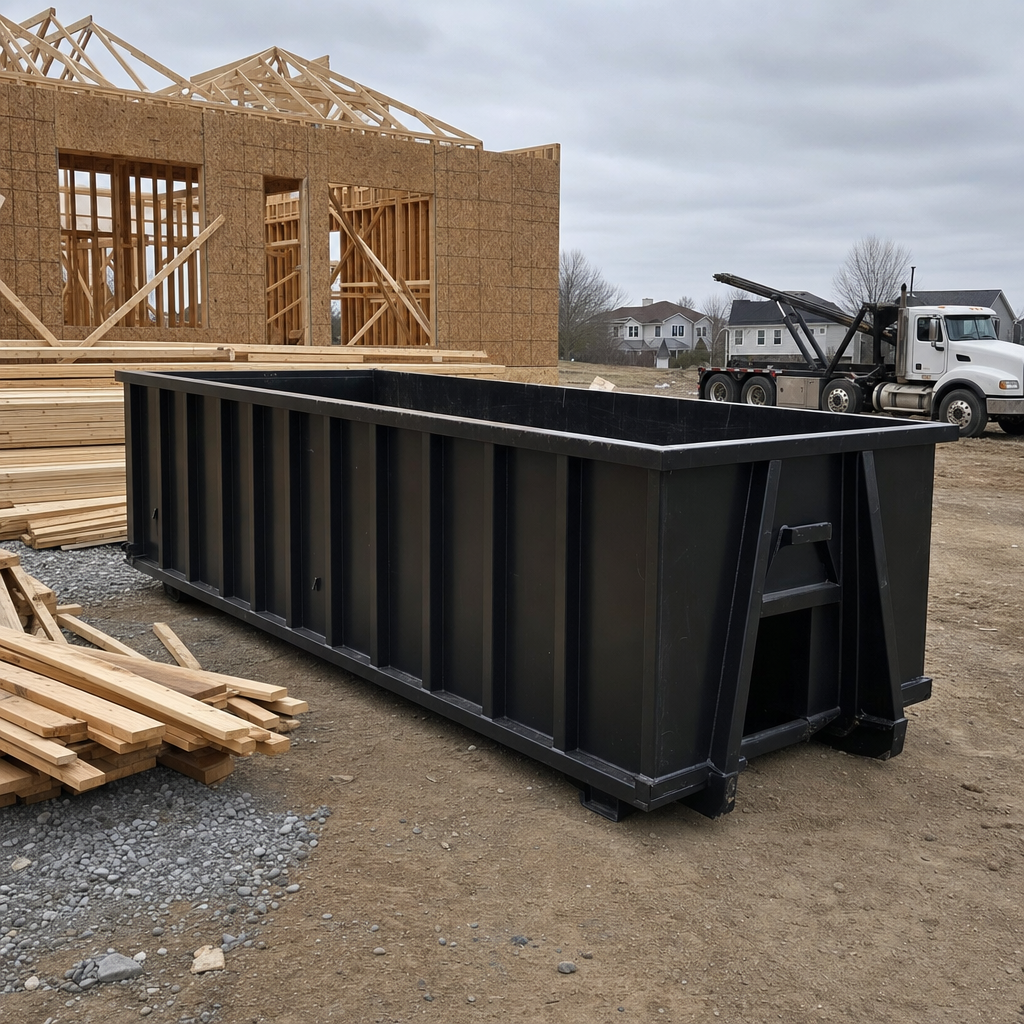 Matte-black 40-yard roll-off dumpster staged on a framed-out residential construction site in North Las Vegas, framing lumber stacked nearby, hooklift delivery truck visible in the background under bright Colorado daylight