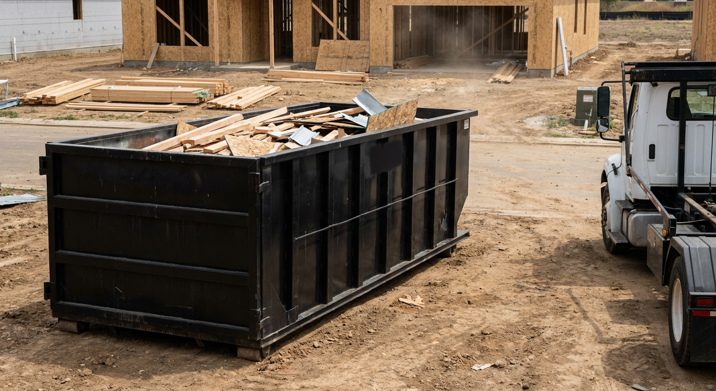 Matte-black 20-yard roll-off construction dumpster with heavy ribbed steel sidewalls and swing rear doors at a working jobsite in North Las Vegas, sitting directly on compacted dirt with an unmarked white hauler partially visible at the far edge of the frame.