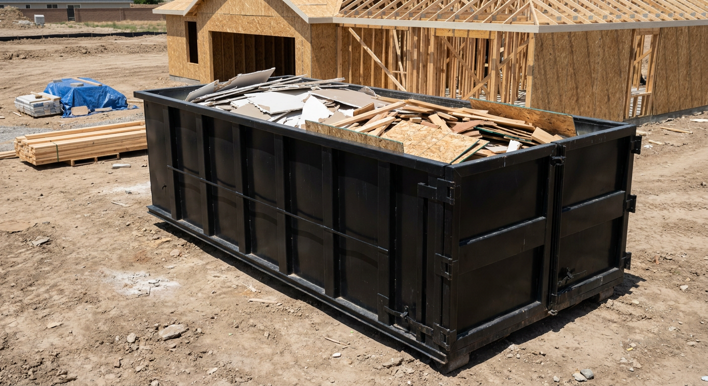 Matte-black 30-yard roll-off construction dumpster sitting directly on the compacted-dirt site of a framed single-family home build in North Las Vegas, drywall and lumber scrap loaded inside.