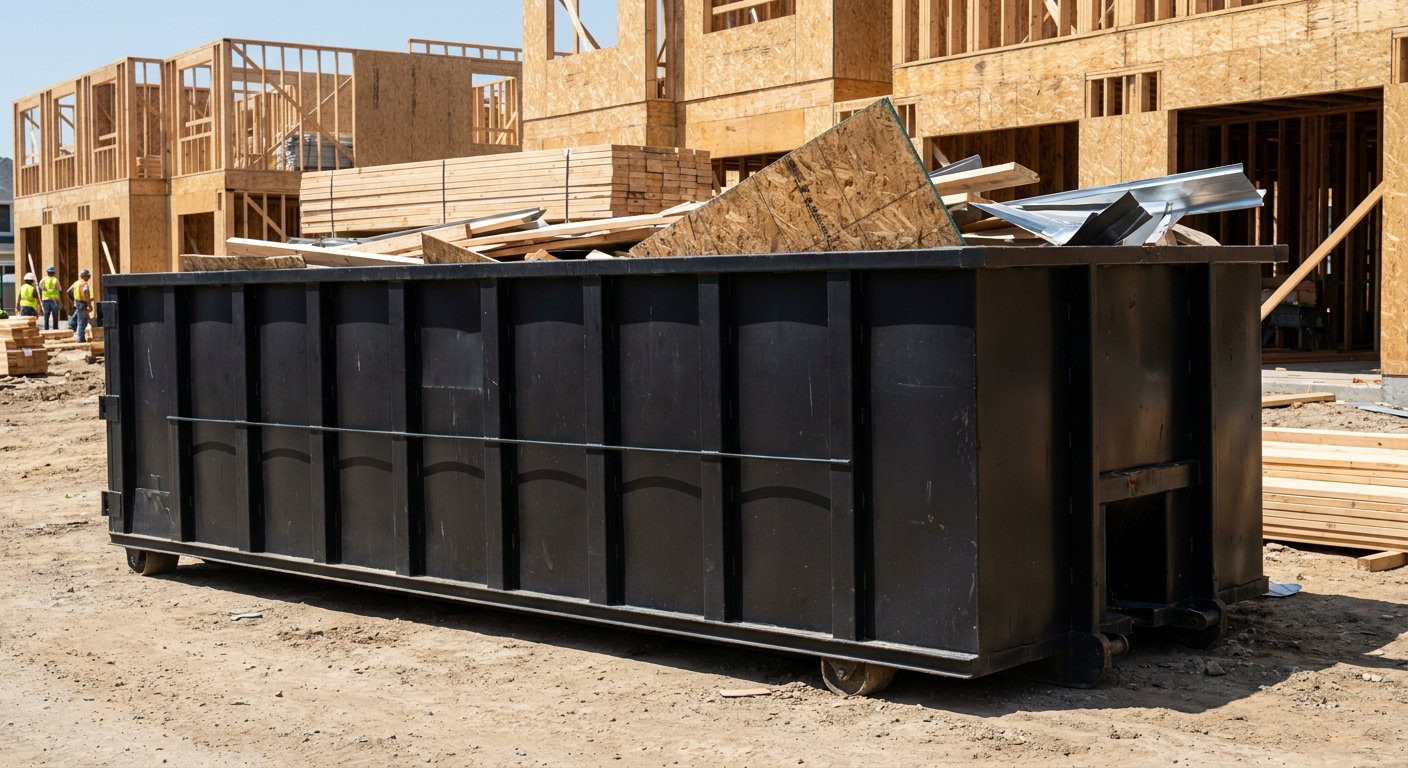 Matte-black 40-yard roll-off construction dumpster being lowered from a white-cab hooklift delivery truck onto the compacted-dirt jobsite at a commercial build site in North Las Vegas
