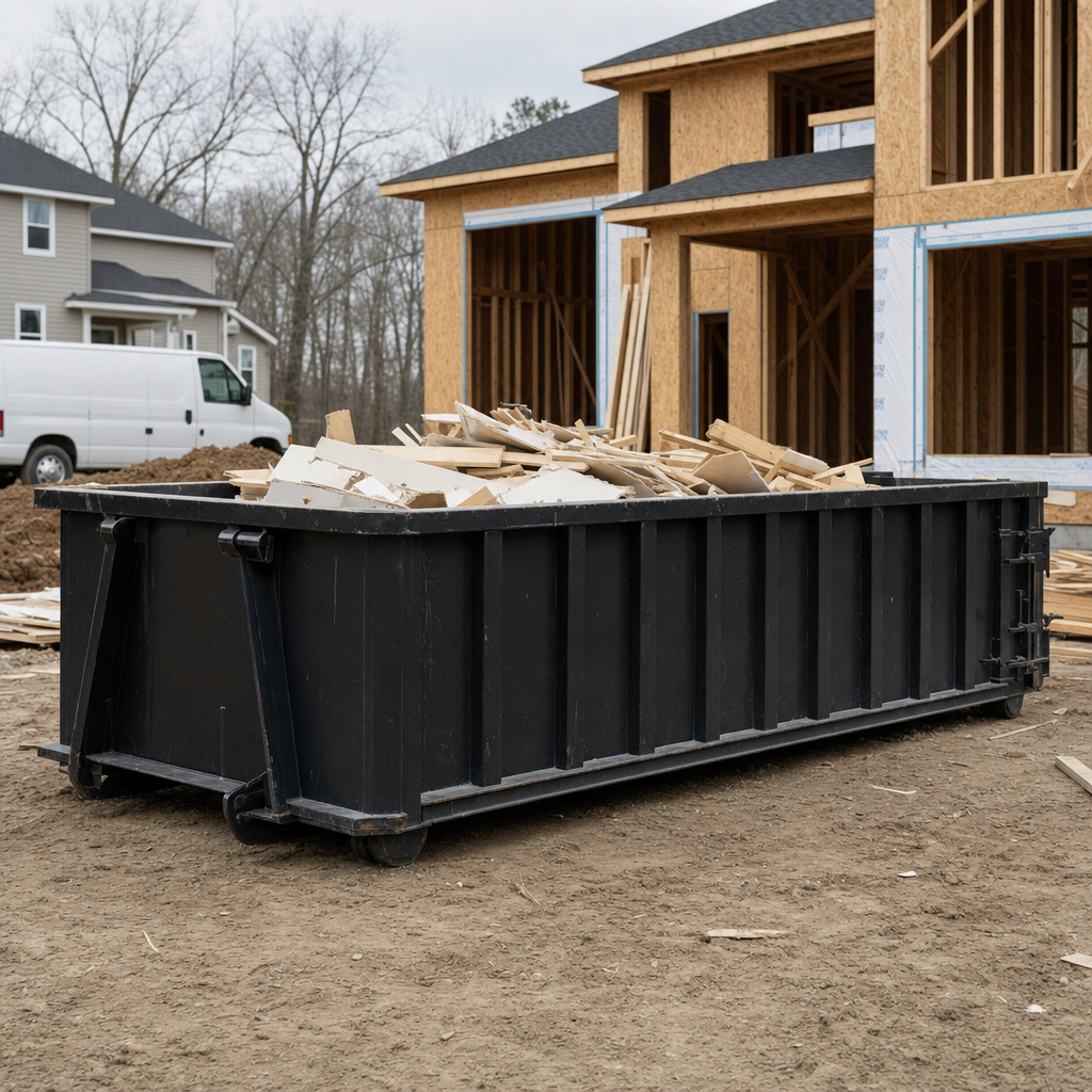 Worker in a yellow high-visibility vest tossing framing lumber and broken drywall into a matte-black 30-yard construction roll-off dumpster on an active build site in North Las Vegas, bright daylight