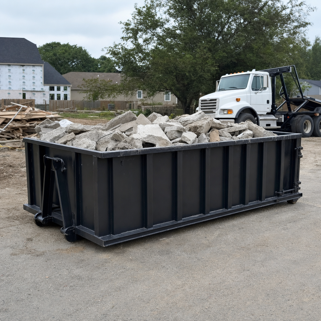 Low-profile matte-black lowboy roll-off dumpster loaded with broken concrete slab and rebar at a foundation tear-out in North Las Vegas, skid steer parked beside it, sunny Colorado morning