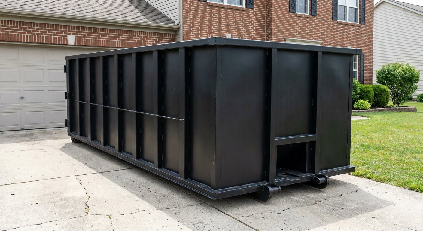 Matte-black 20-yard roll-off container on a North Las Vegas residential concrete driveway with reinforced ribbed steel sidewalls and a hinged rear walk-in door, clean bright daylight.