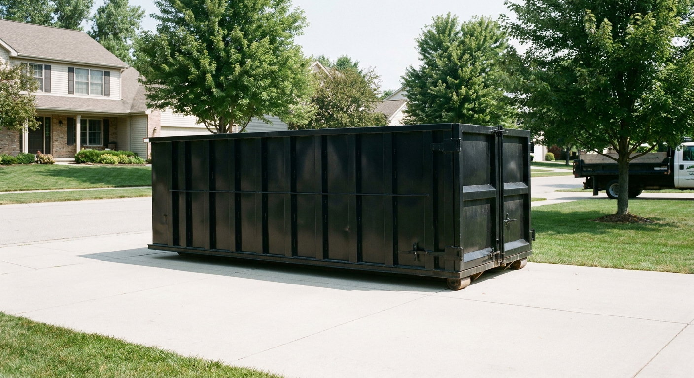 Matte-black 20-yard roll-off dumpster sitting level on a clean North Las Vegas residential concrete driveway under bright daylight, demonstrating clean placement directly on the concrete.