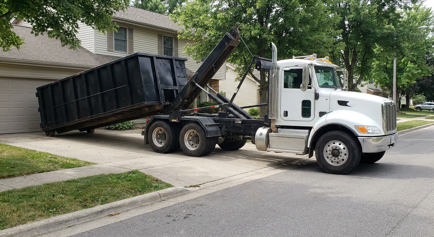 White-cab hooklift roll-off truck actively lowering a matte-black dumpster onto a North Las Vegas residential concrete driveway, the dumpster's rear wheels touching the driveway as the hoist arm tilts the bed forward, mid-morning daylight.