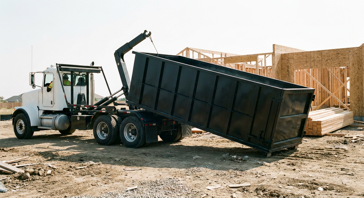 Matte-black roll-off dumpster being delivered onto a clean residential concrete driveway in North Las Vegas by an unmarked white hooklift hauler truck, bright morning daylight, documentary 35mm perspective.