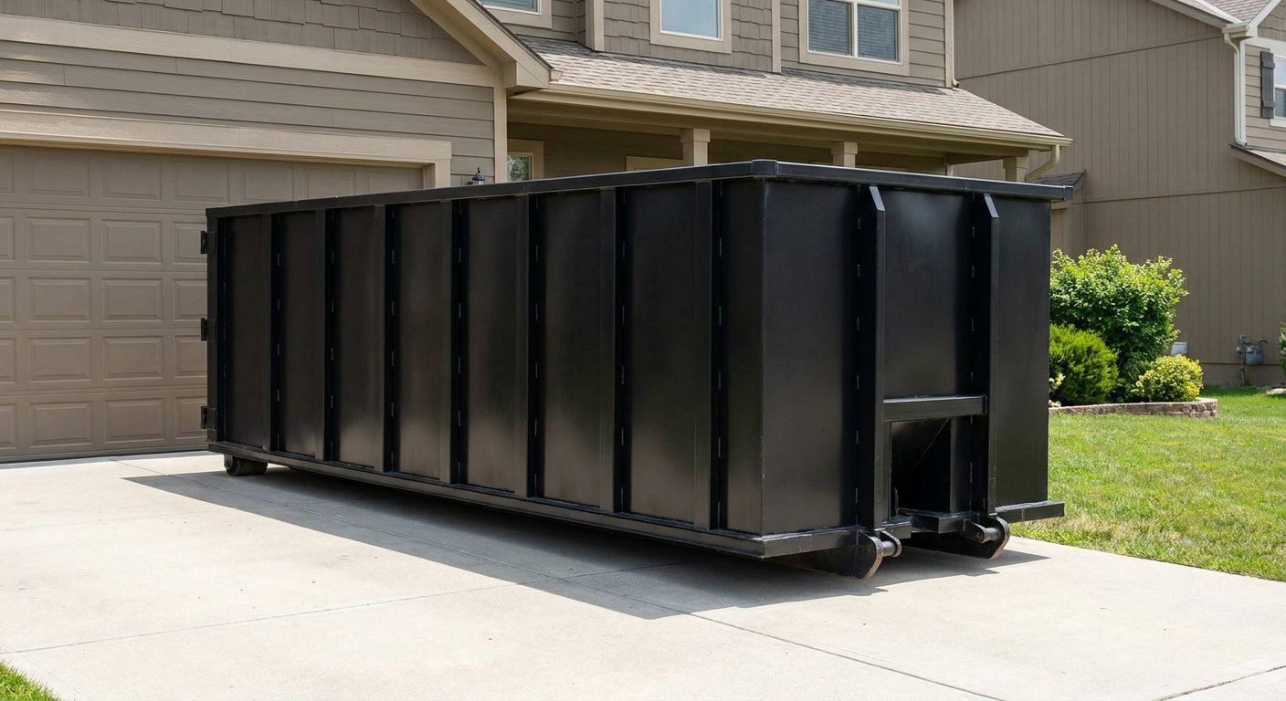 Matte-black residential roll-off dumpster sitting directly on a suburban North Las Vegas concrete driveway, garage door closed, single-family home in background, bright morning daylight.