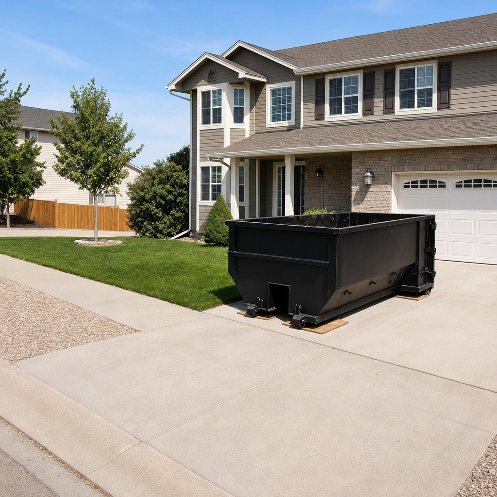 10-yard matte-black residential dumpster placed directly on a narrow North Las Vegas concrete driveway, room remains for a parked sedan beside it, mid-morning natural light
