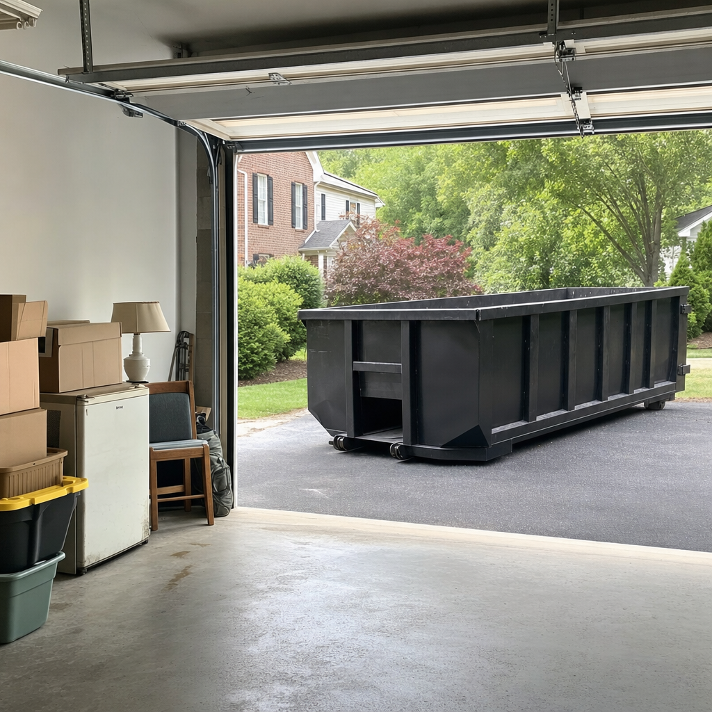 Open garage interior in a North Las Vegas home mid-cleanout — boxed items, an old appliance, and stacked yard tools queued near the driveway for a matte-black roll-off dumpster, organized and calm