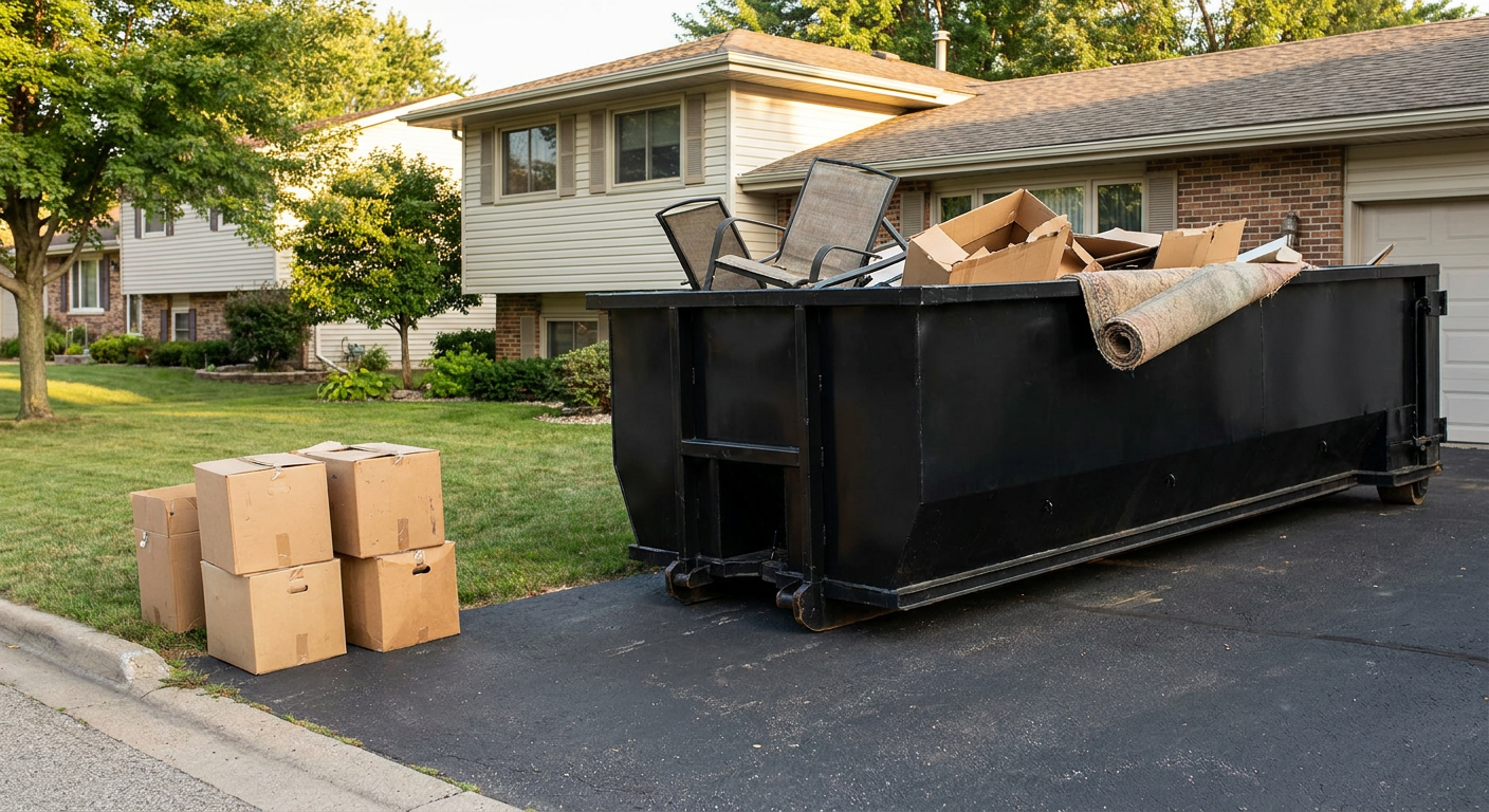 Front-yard view of a North Las Vegas split-level home with a 20-yard matte-black roll-off dumpster sitting directly on the asphalt driveway, a few clearly labeled donation boxes staged at the curb, calm sunny afternoon.