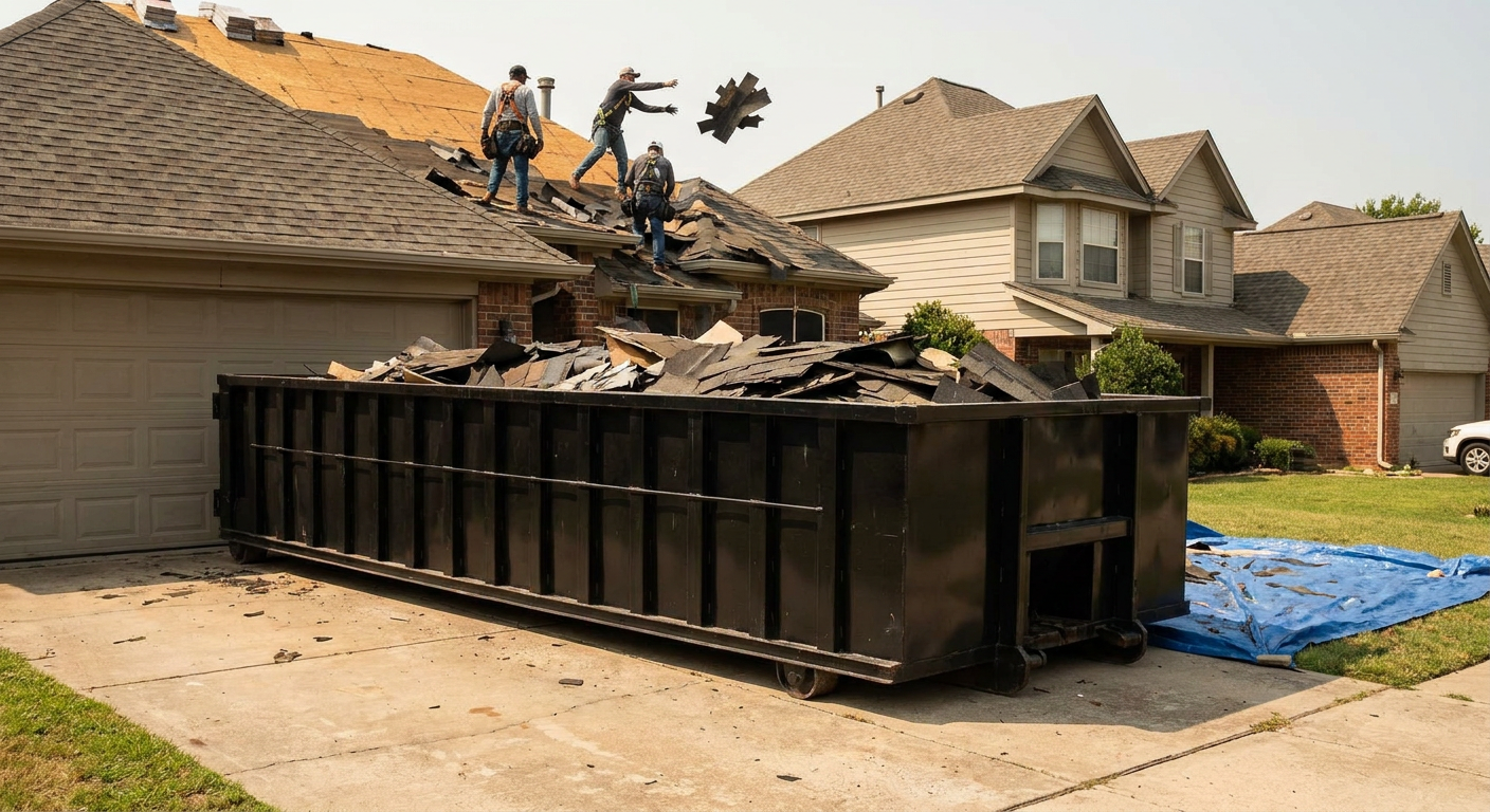 Matte-black roofing roll-off dumpster placed directly on a North Las Vegas residential concrete driveway, a tear-off crew on a two-story asphalt-shingle roof tossing shingle bundles into the low-walled container, bright daylight, documentary 35mm perspective.