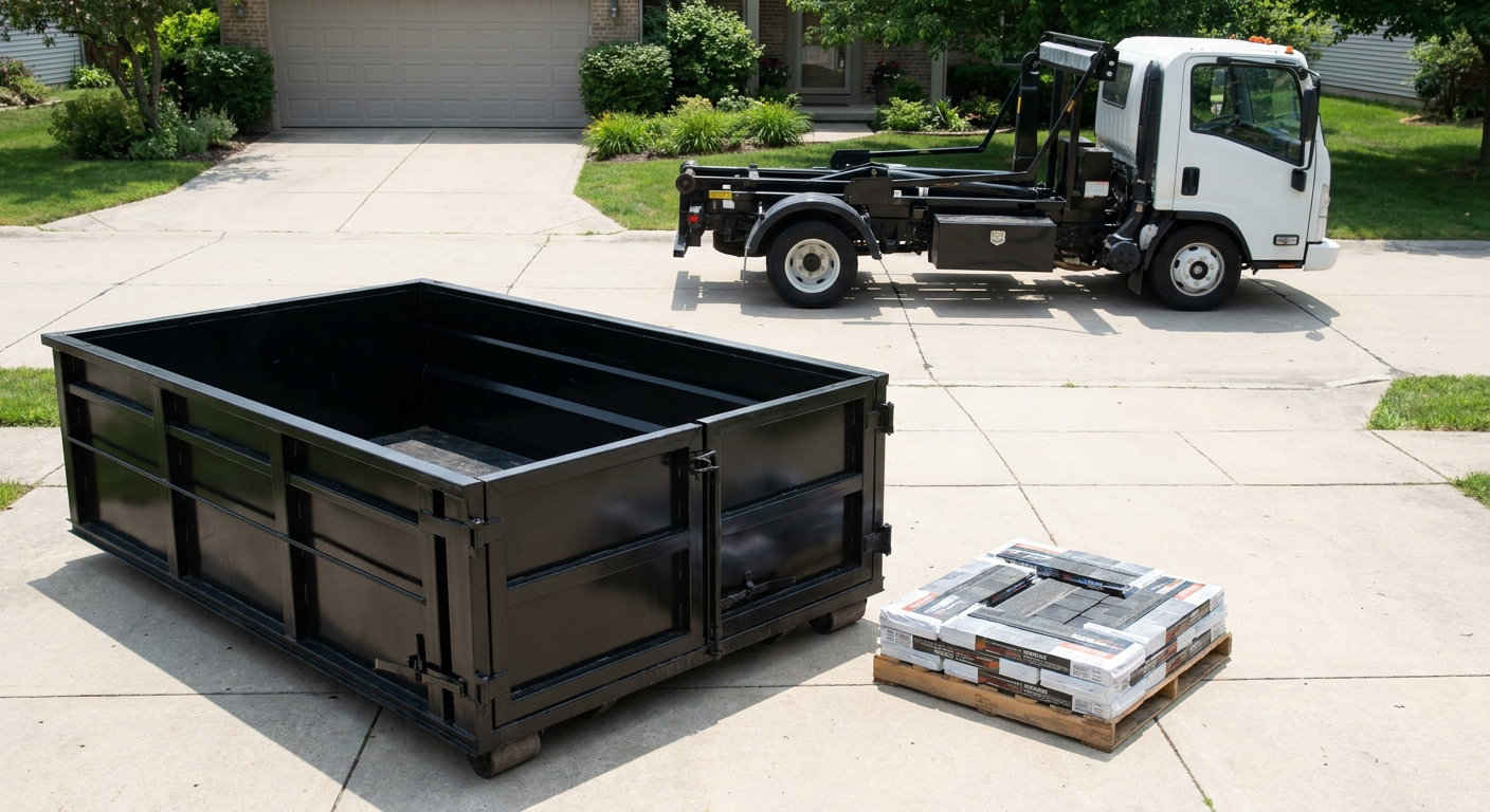Matte-black 15-yard roofing roll-off dumpster with reinforced low side walls sitting directly on a North Las Vegas residential concrete driveway, three-tab asphalt shingle bundles stacked nearby, an unmarked white hauler truck partially visible at the edge of the frame.