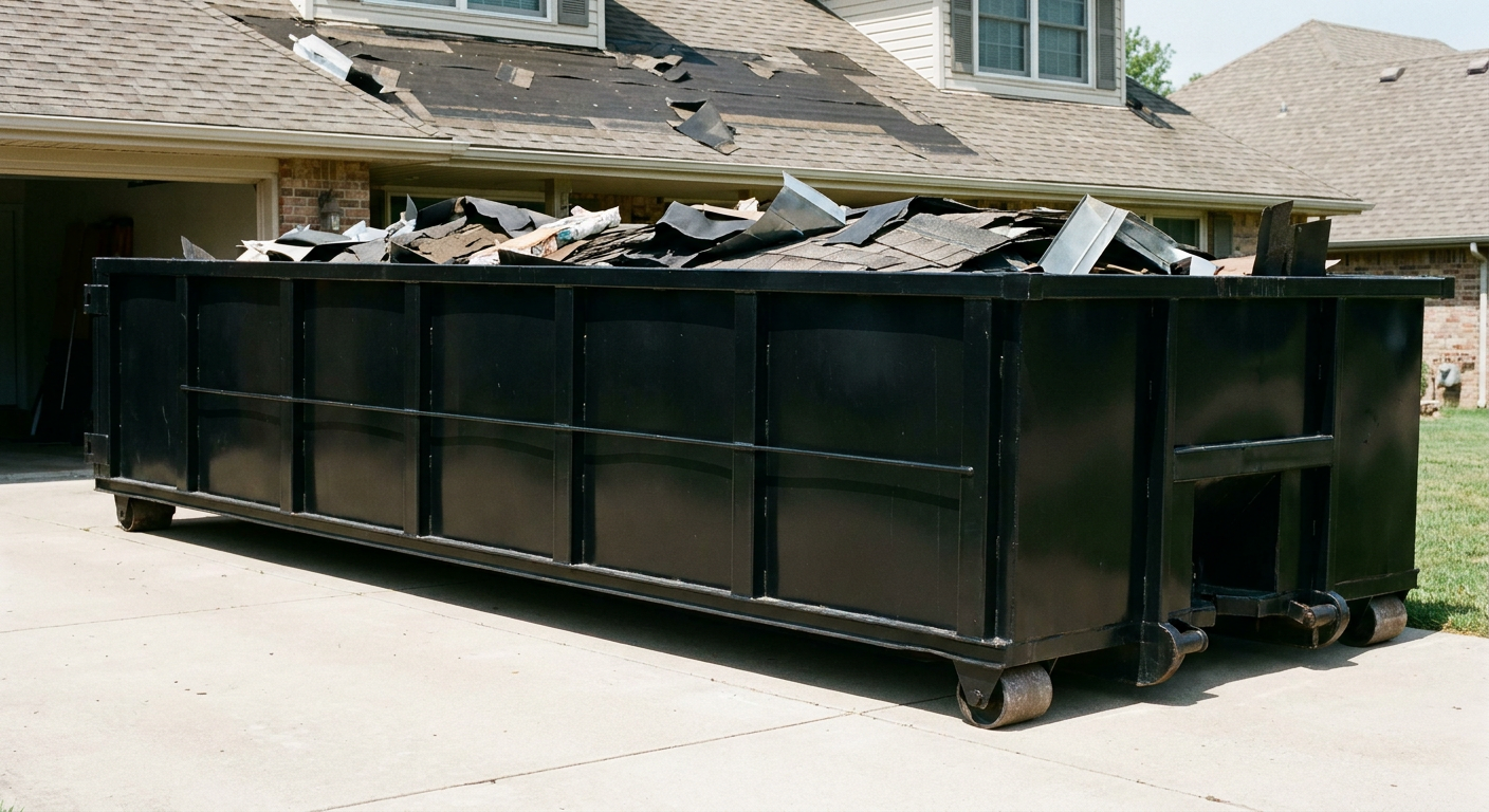 Matte-black 20-yard roofing roll-off dumpster with steel ribbed sides and swinging rear door, sitting directly on the concrete driveway of a two-story North Las Vegas home, asphalt shingle debris being loaded over the low wall, clean documentary lighting.