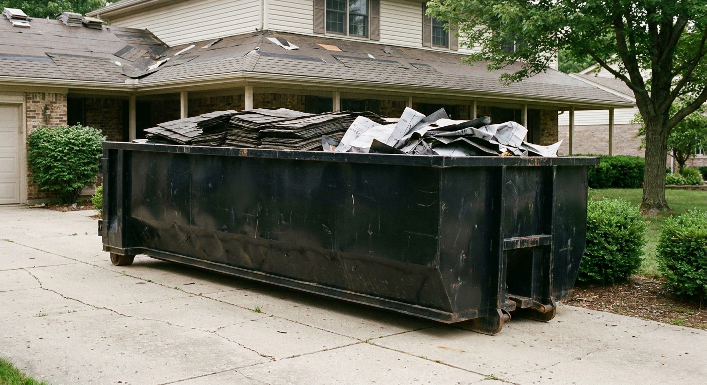 Matte-black 30-yard roofing roll-off dumpster sitting directly on a North Las Vegas concrete driveway, taller ribbed steel side panels, mixed tear-off debris of asphalt shingles and underlayment inside, professional documentary daylight.