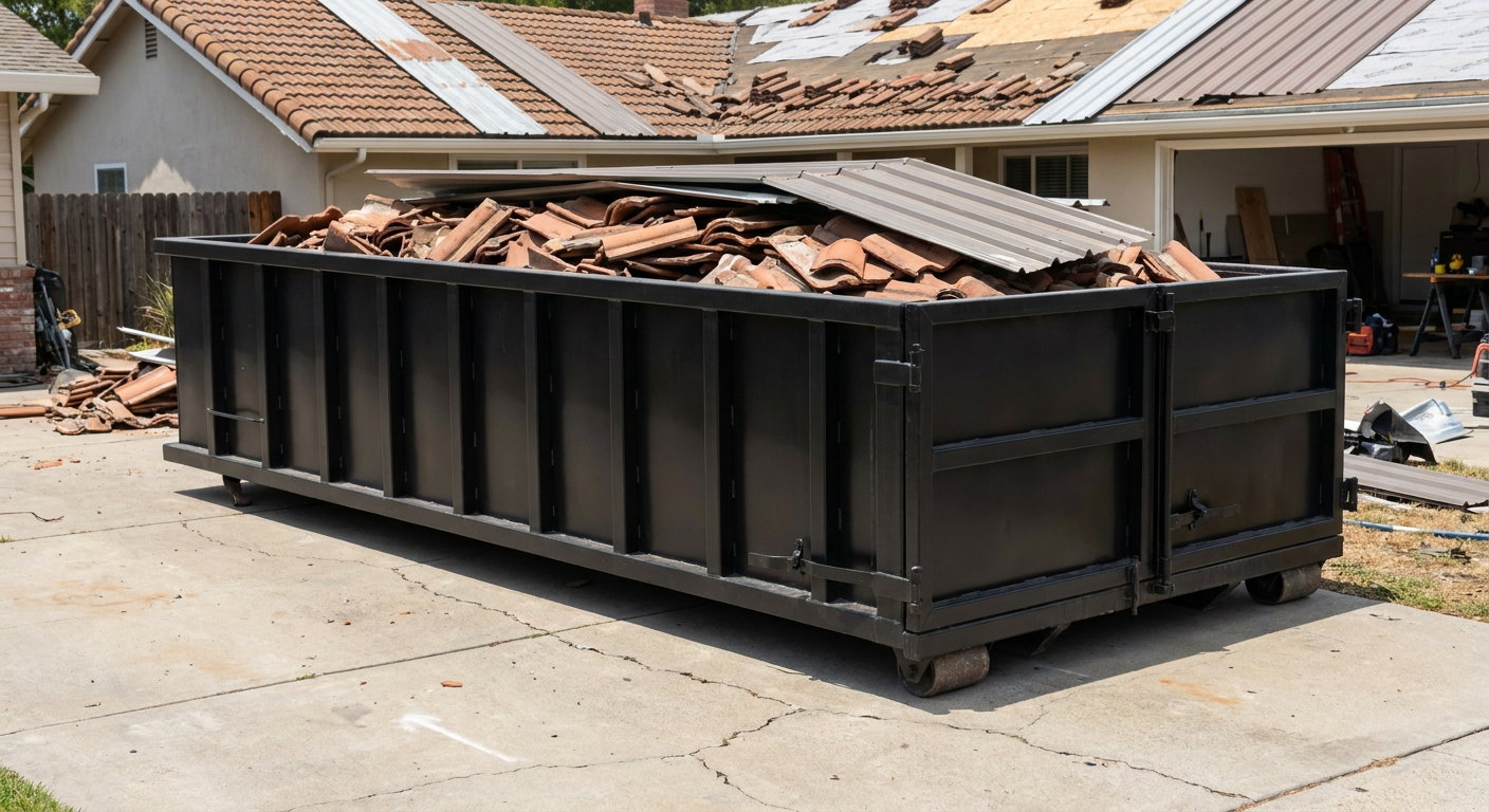 Matte-black low-wall heavy-debris roofing roll-off dumpster sitting directly on a North Las Vegas concrete driveway, broken concrete clay roof tiles and metal panel sections loaded inside, reinforced ribbed steel side walls visible, bright outdoor daylight.