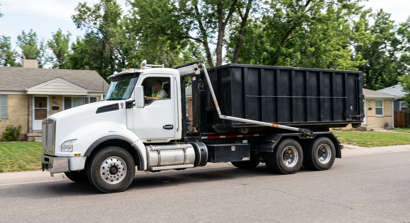 A wide documentary shot of a matte-black roll-off delivery truck pulling onto a quiet North Las Vegas residential street at mid-morning, with neighborhood rooftops and tree-lined blocks visible behind, showing the metro coverage footprint.