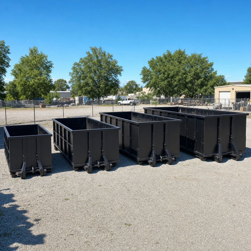 A clean lineup of matte-black roll-off dumpsters in 10, 20, 30, and 40-yard sizes staged on a sunlit gravel yard in North Las Vegas, showing the size progression from compact to commercial-scale containers.