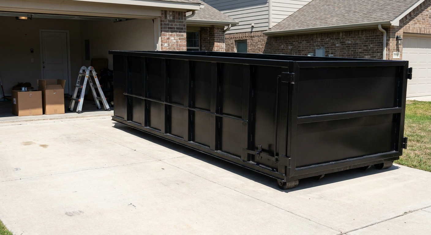 A matte-black 10-yard roll-off dumpster sitting directly on a residential North Las Vegas concrete driveway, mid-day sunlight, clean and ready for a garage cleanout.