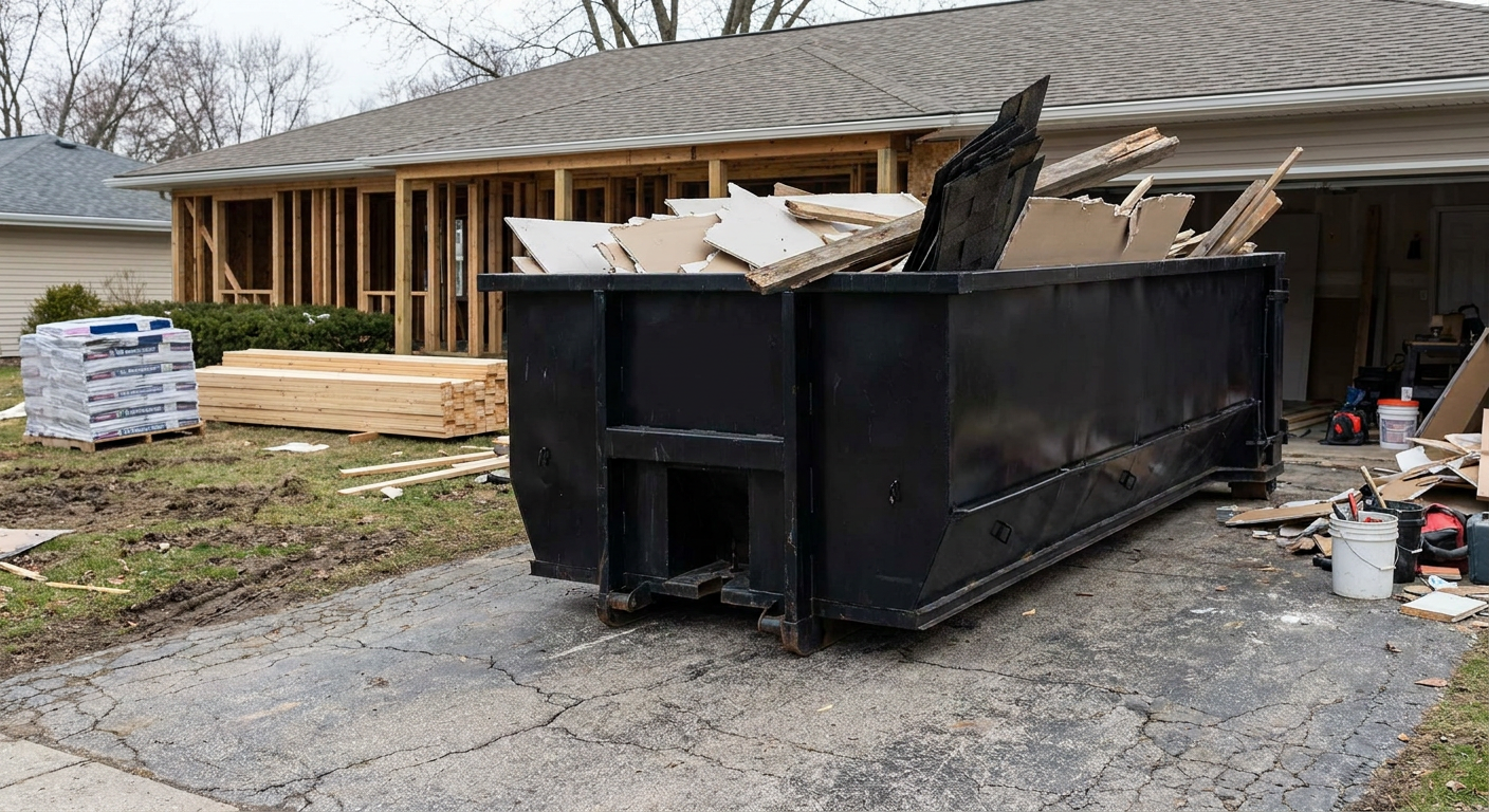 A matte-black 20-yard roll-off dumpster placed alongside a mid-renovation North Las Vegas home directly on the asphalt driveway, with framing materials and torn-off shingles staged neatly nearby.