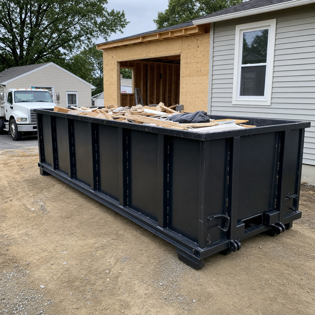 A matte-black 30-yard roll-off dumpster positioned at a North Las Vegas residential addition jobsite, with framing lumber and drywall scraps loaded through the open swinging rear doors.