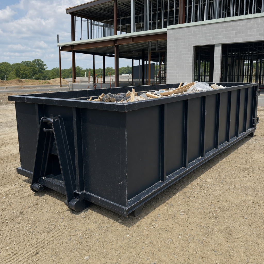 A matte-black 40-yard roll-off dumpster staged on a large North Las Vegas commercial construction lot, with a hooklift delivery truck parked alongside under bright midday sky.