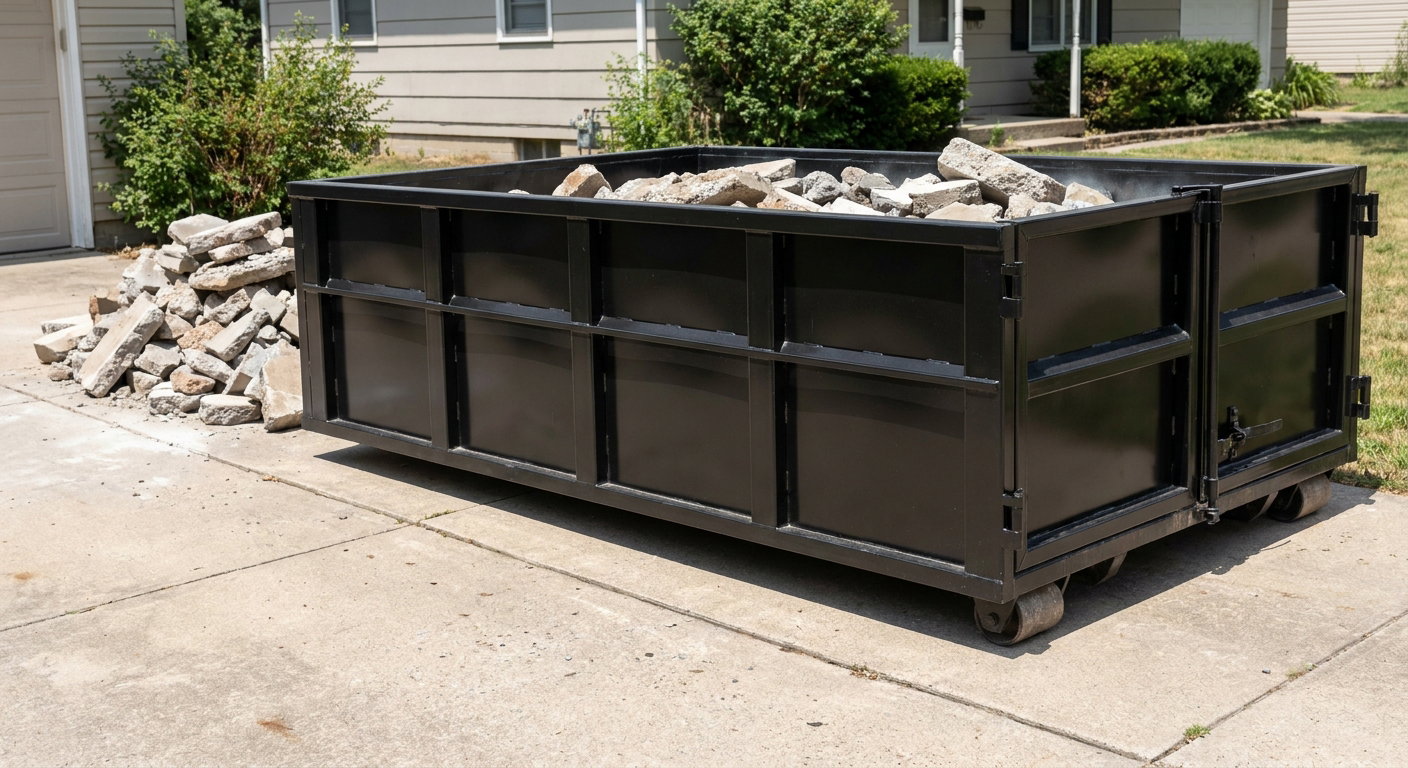 A matte-black low-side heavy-debris roll-off dumpster placed directly on a North Las Vegas concrete driveway, with broken concrete chunks neatly stacked beside it under clean daylight.